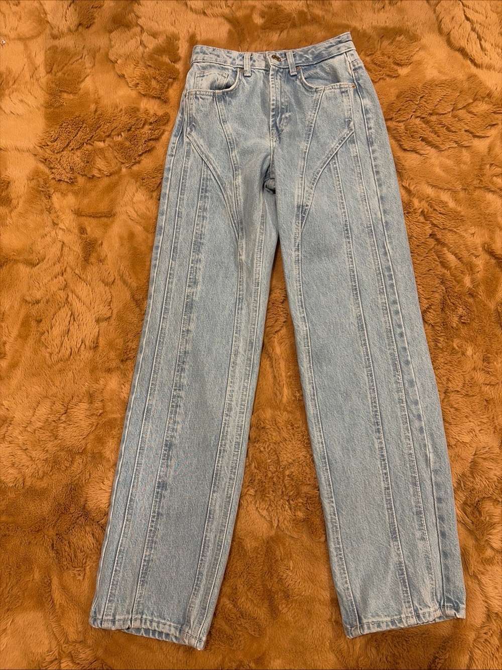 Zara Light Wash High Waist Panel Jeans Denim curved seam denim Straight leg 0